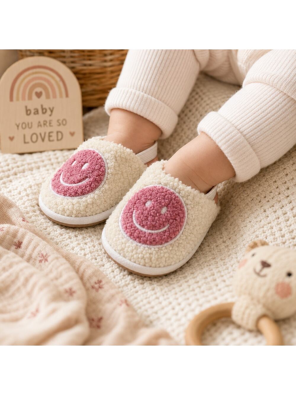 Baby Sherpa Smiley Face Slippers Pink 6-12M Cozy House Shoes